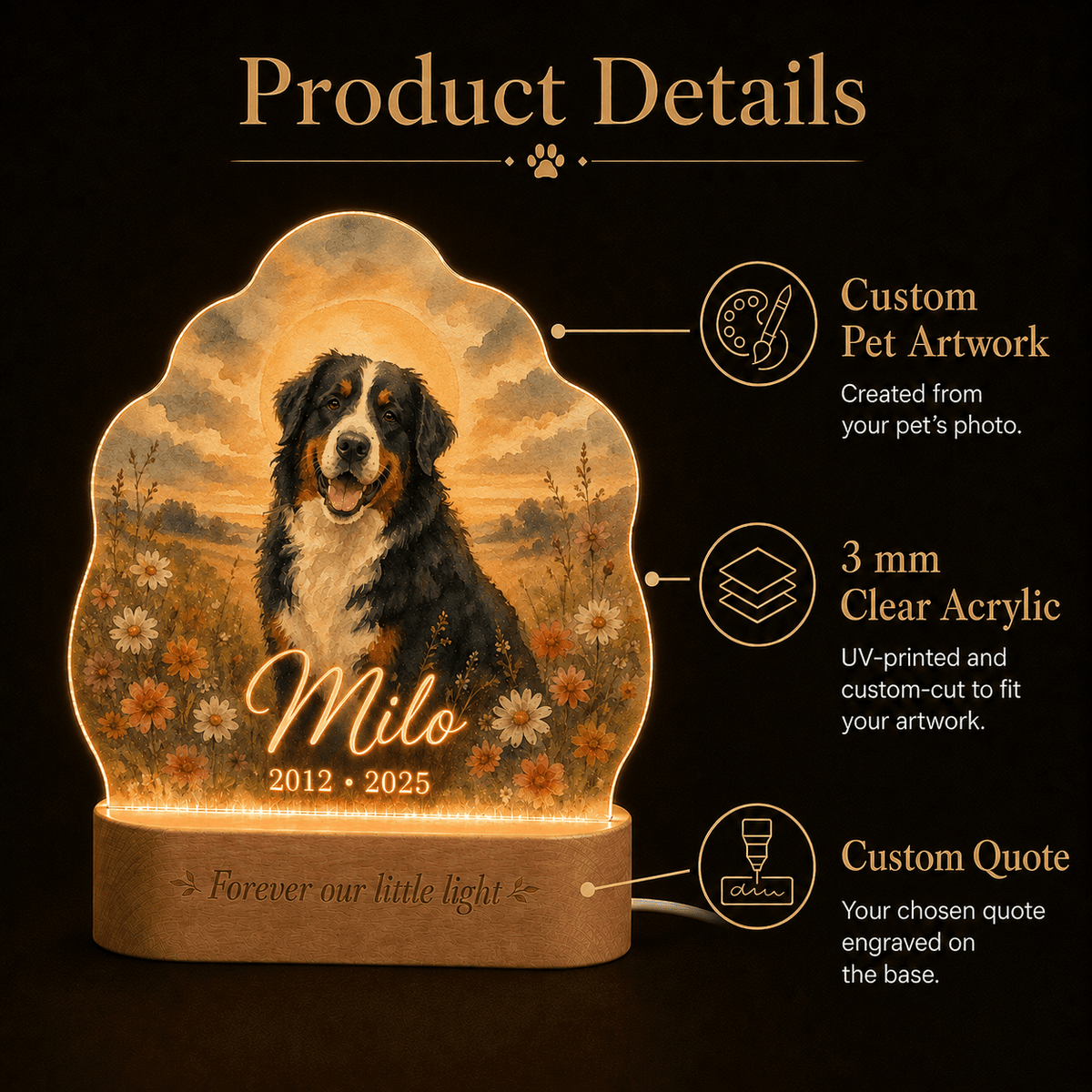 Custom Dog Memorial Night Light Sunset Wildflower - Everfondly
