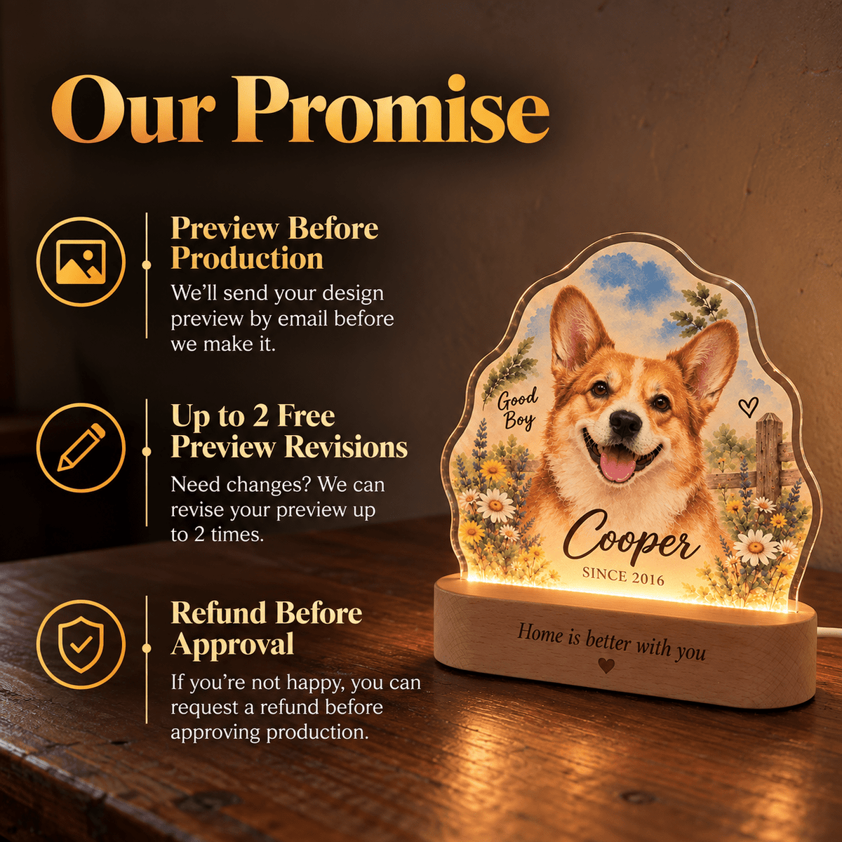 Personalized Country Garden Dog Night Light with Photo & Name – Dog Lover Gift - Everfondly