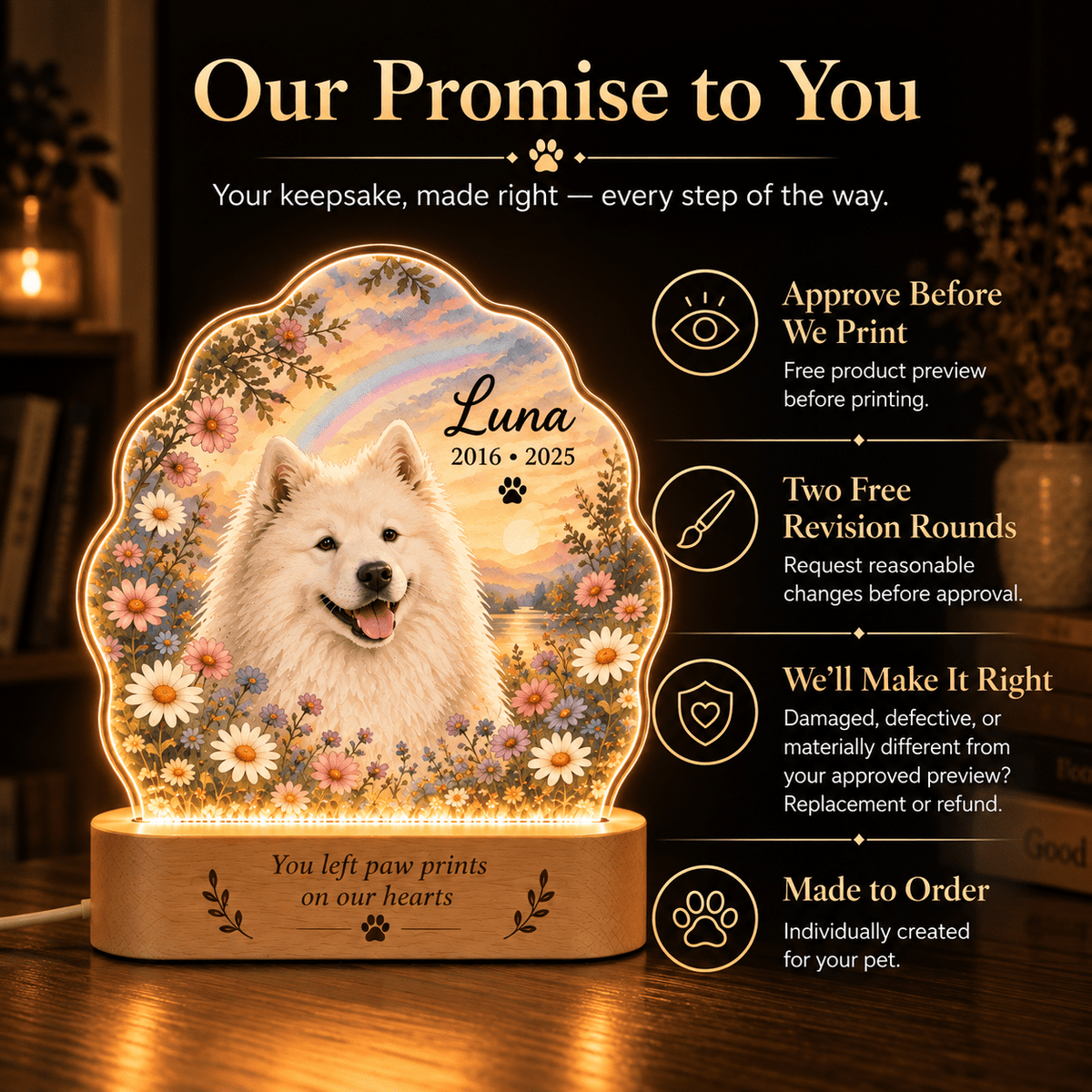 Custom Dog Memorial Night Light with Rainbow and Wildflowers - Everfondly