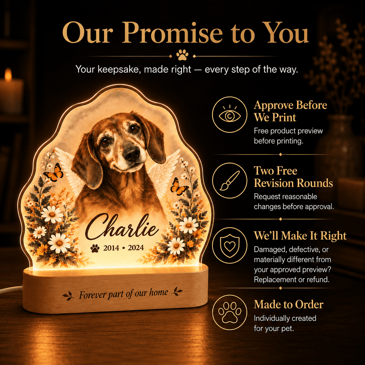 Custom Dog Memorial Night Light with Angel Wings Butterflies - Everfondly