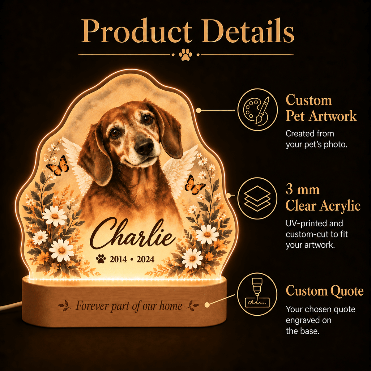 Custom Dog Memorial Night Light with Angel Wings Butterflies - Everfondly