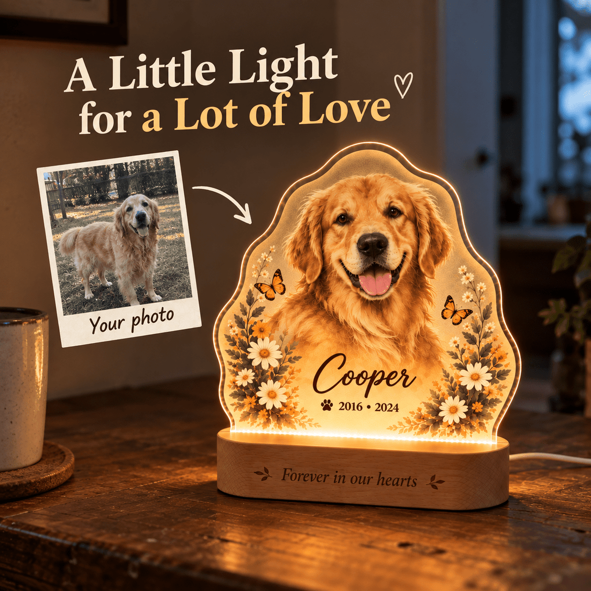 Custom Dog Memorial Night Light with Flowers Butterflies - Everfondly