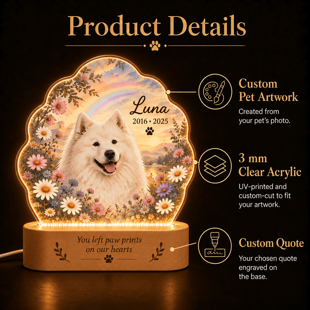 Custom Dog Memorial Night Light with Rainbow and Wildflowers - Everfondly