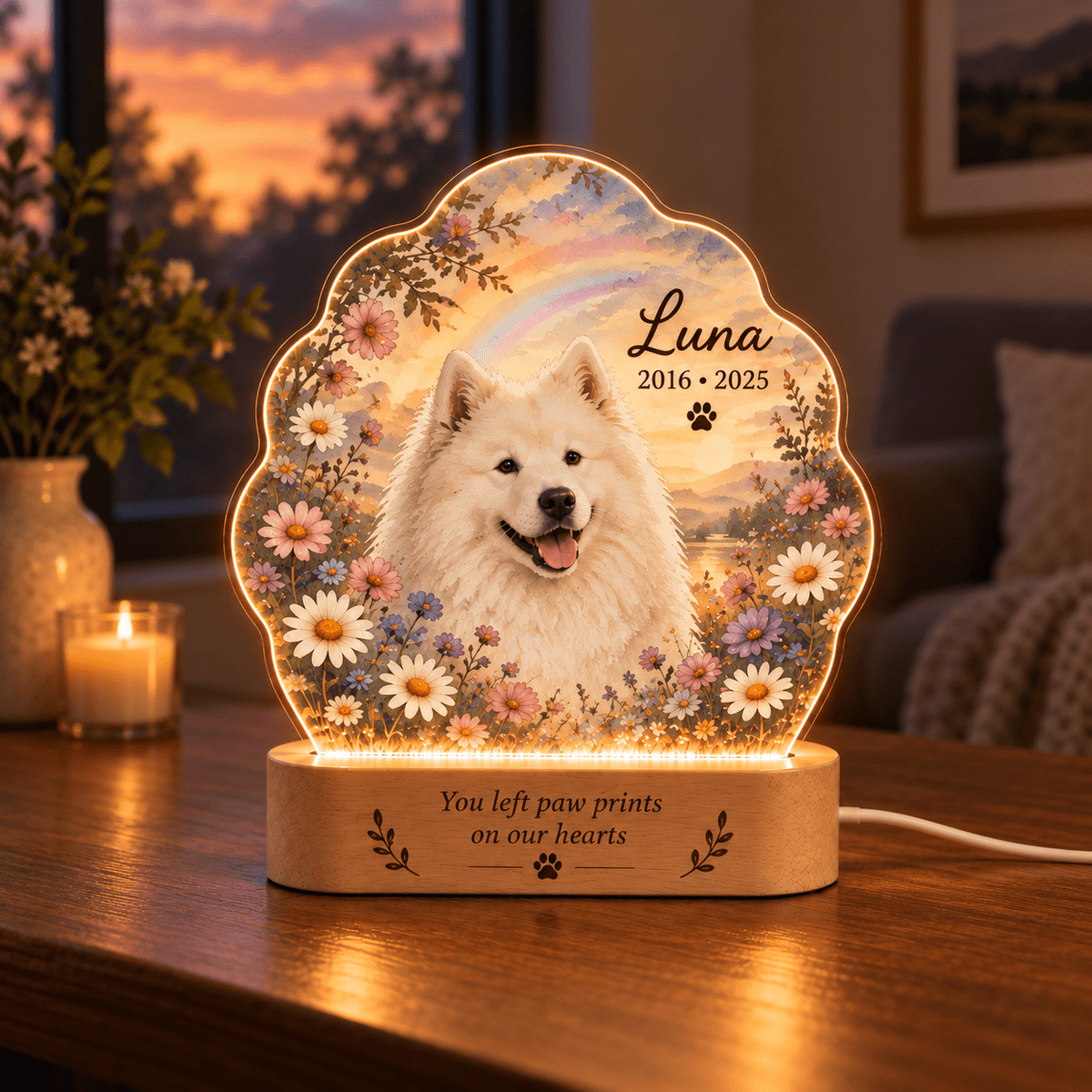 Custom Dog Memorial Night Light Rainbow and Wildflowers