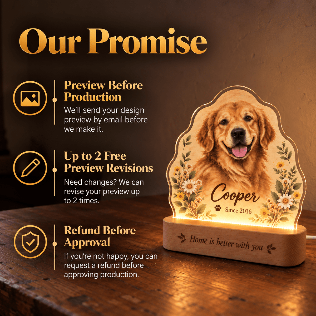 Personalized Daisy Garden Dog Night Light with Photo & Name – Dog Lover Gift - Everfondly