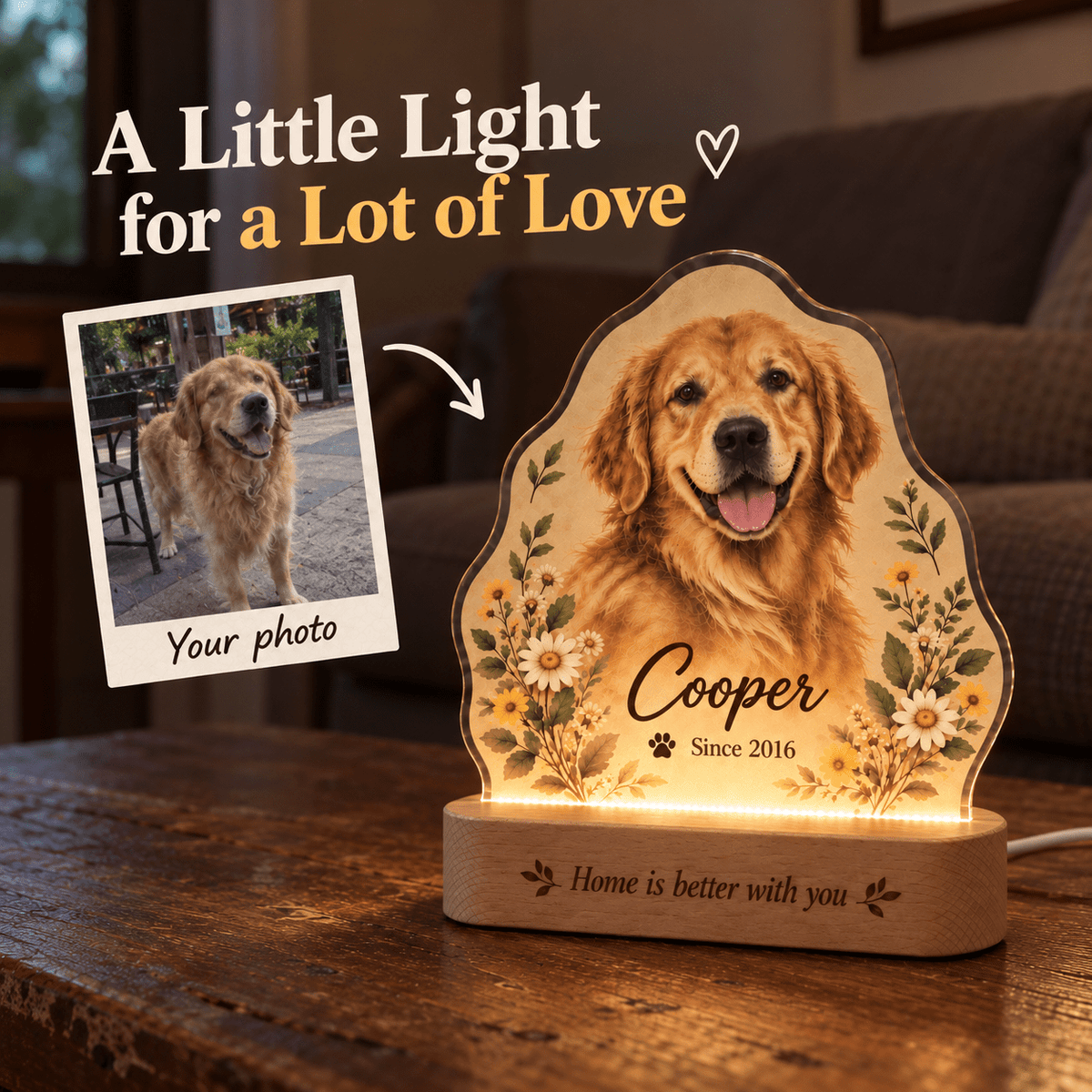 Personalized Daisy Garden Dog Night Light with Photo & Name – Dog Lover Gift - Everfondly