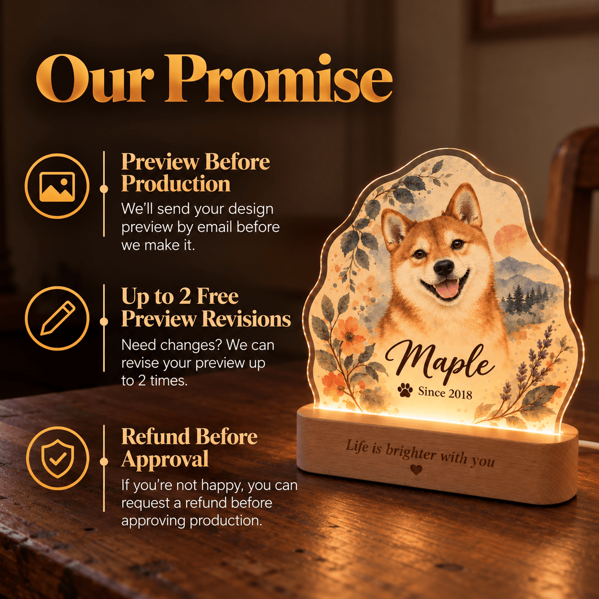 Personalized Mountain Sunrise Dog Night Light with Photo & Name - Everfondly