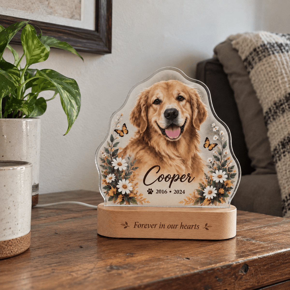 Custom Dog Memorial Night Light with Flowers Butterflies - Everfondly