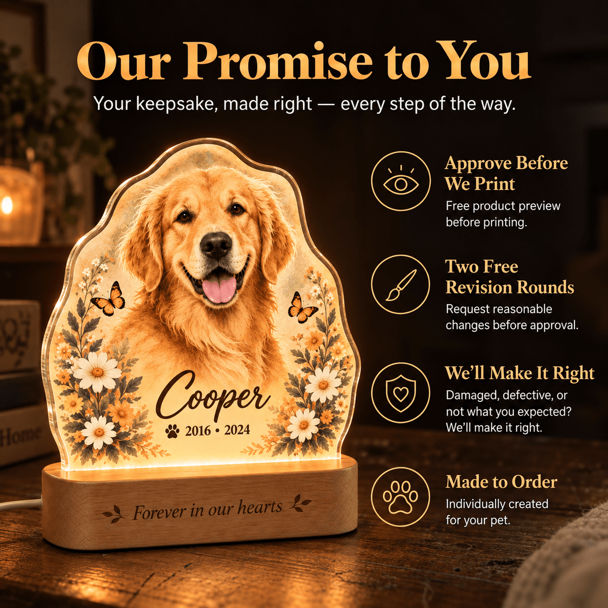 Custom Dog Memorial Night Light with Flowers Butterflies - Everfondly