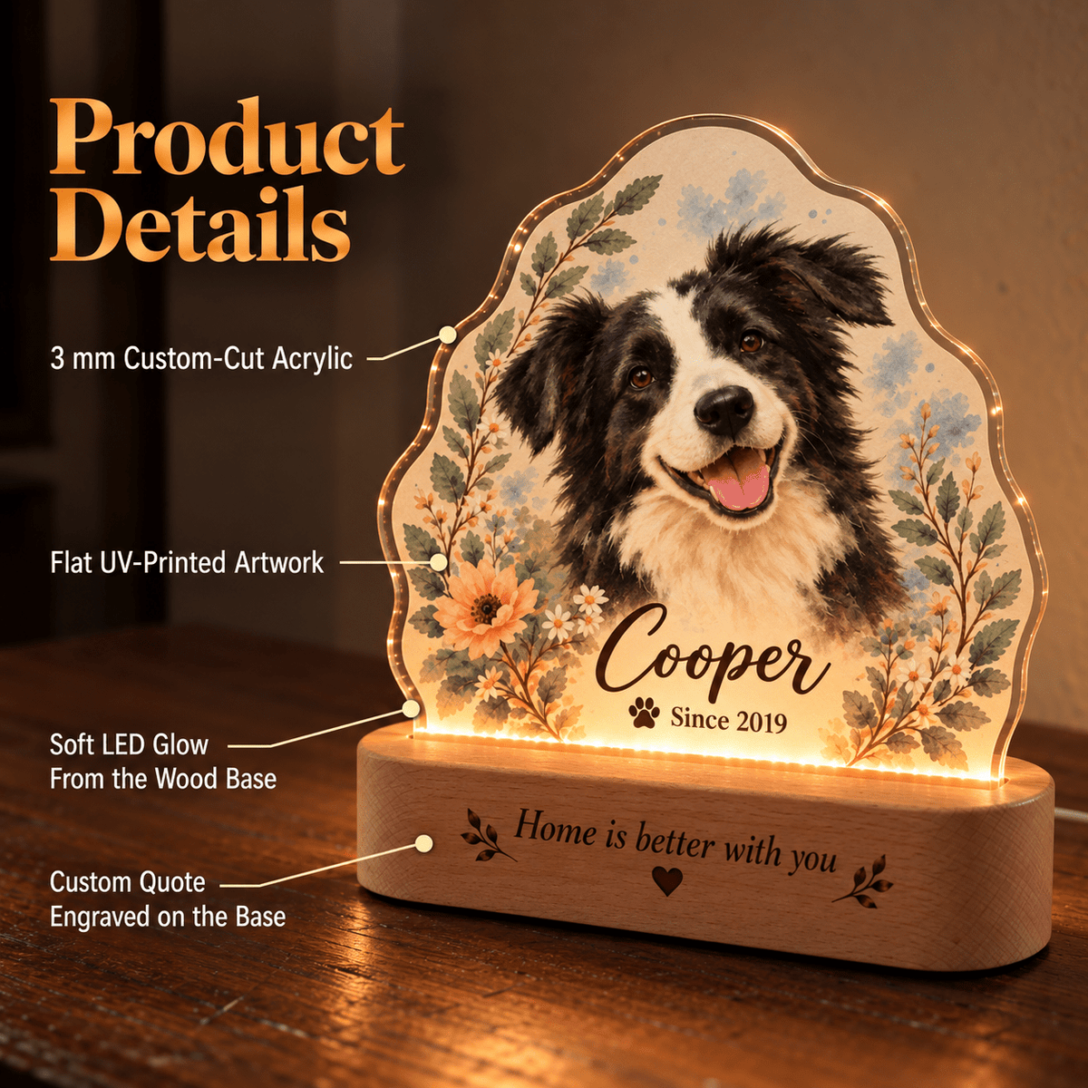 Personalized Blue Blossom Dog Night Light with Photo & Name – Dog Lover Gift - Everfondly