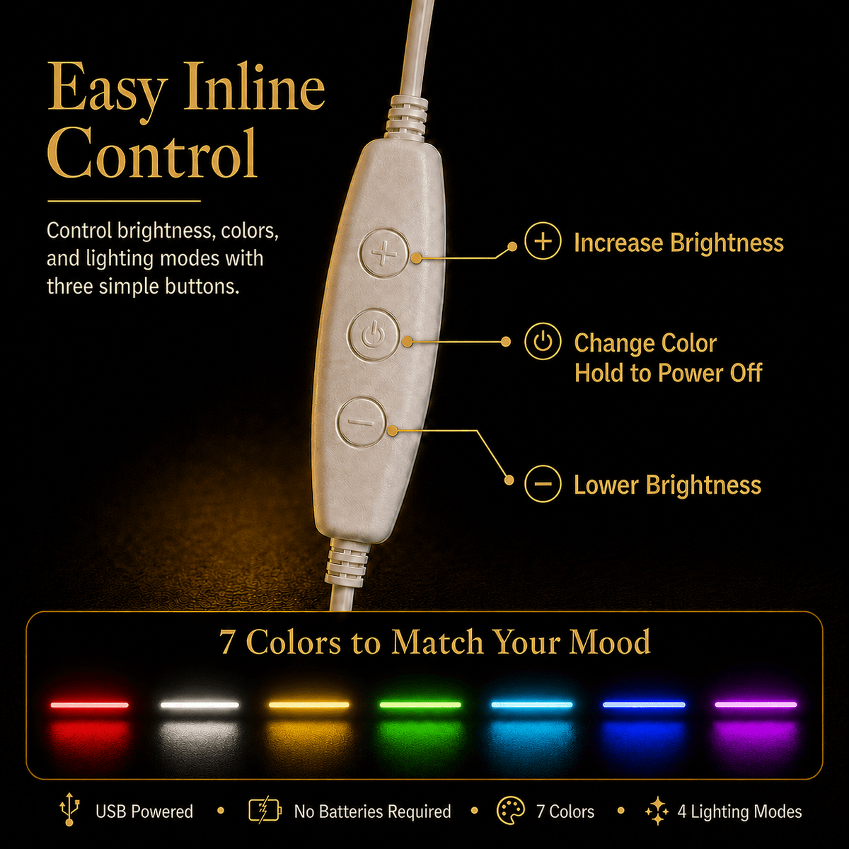 USB inline controller with adjustable brightness, seven LED colors and four lighting modes