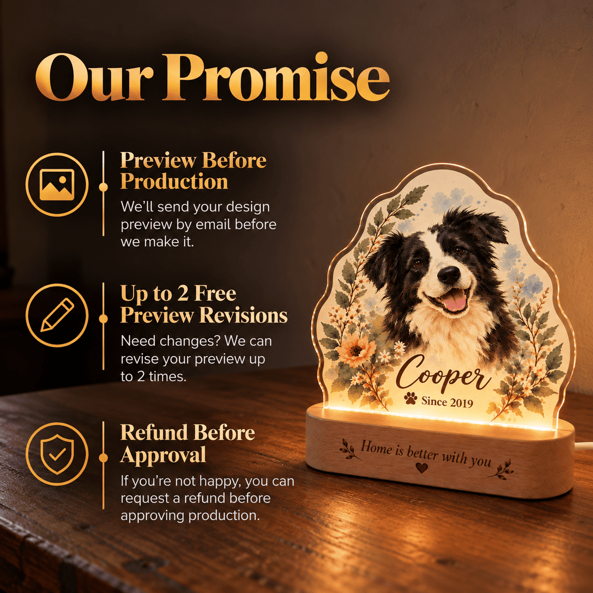 Personalized Blue Blossom Dog Night Light with Photo & Name – Dog Lover Gift - Everfondly
