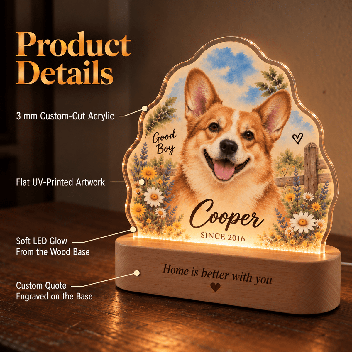 Personalized Country Garden Dog Night Light with Photo & Name – Dog Lover Gift - Everfondly