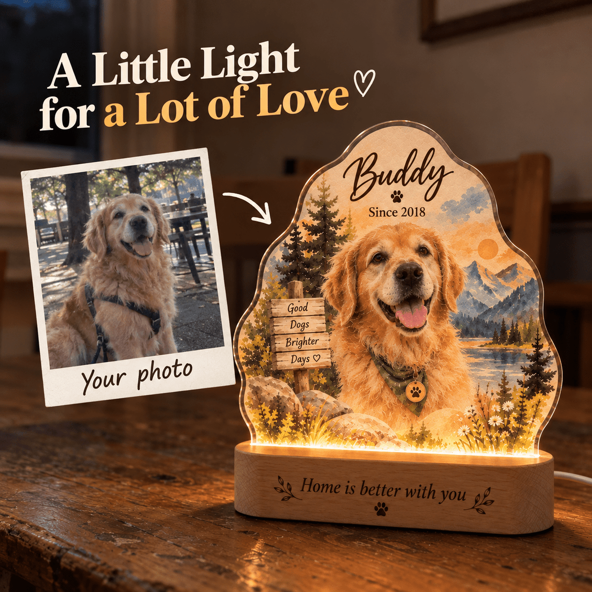 Personalized Lakeside Forest Dog Night Light with Photo & Name - Everfondly