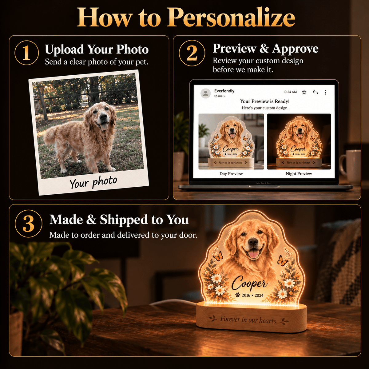 Custom Dog Memorial Night Light with Flowers Butterflies - Everfondly