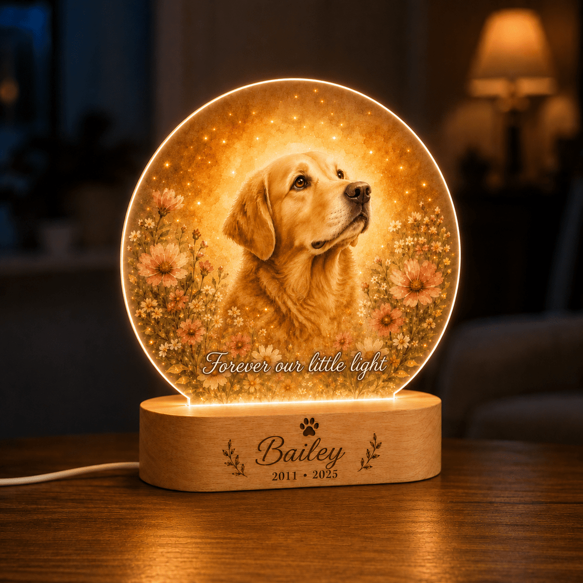 Custom Dog Memorial Night Light Watercolor Floral Tribute