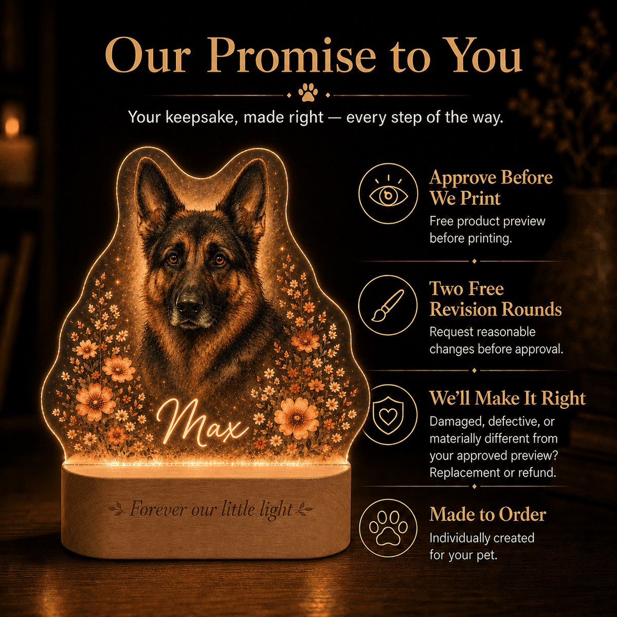 Custom Dog Memorial Night Light with Name and Quote - Everfondly
