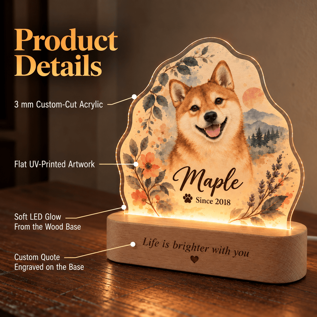 Personalized Mountain Sunrise Dog Night Light with Photo & Name - Everfondly
