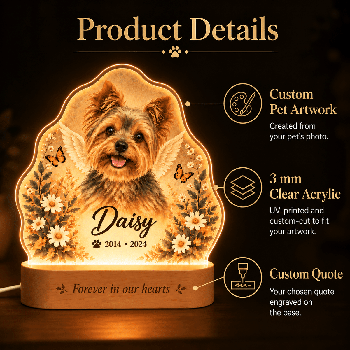 Personalized Guardian Angel Dog Memorial Lamp with Floral Tribute - Everfondly