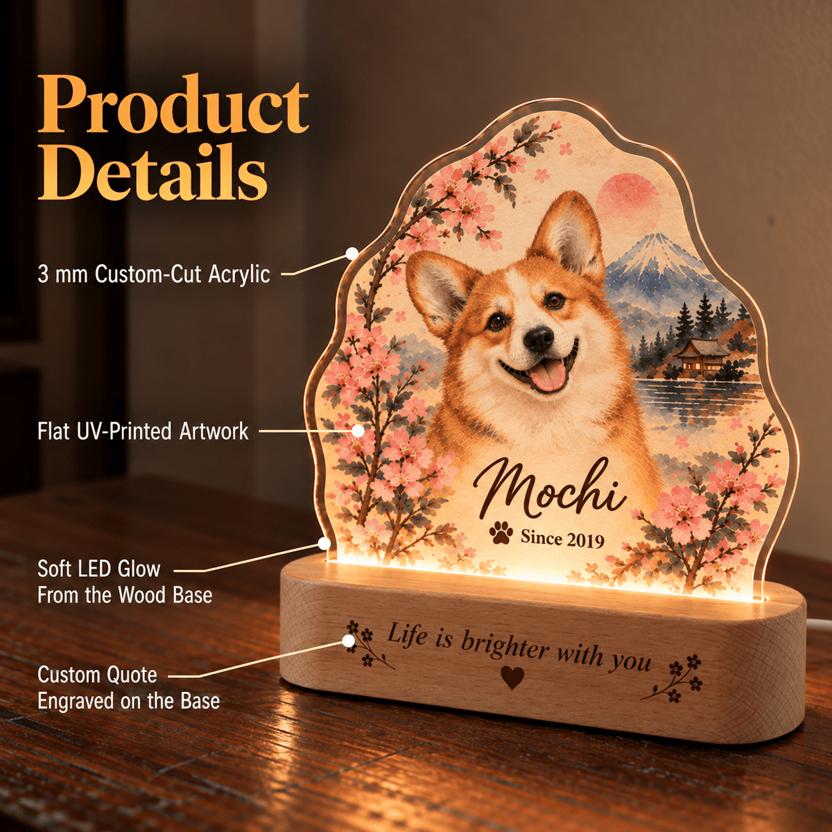 Personalized Cherry Blossom Dog Night Light with Photo & Name - Everfondly