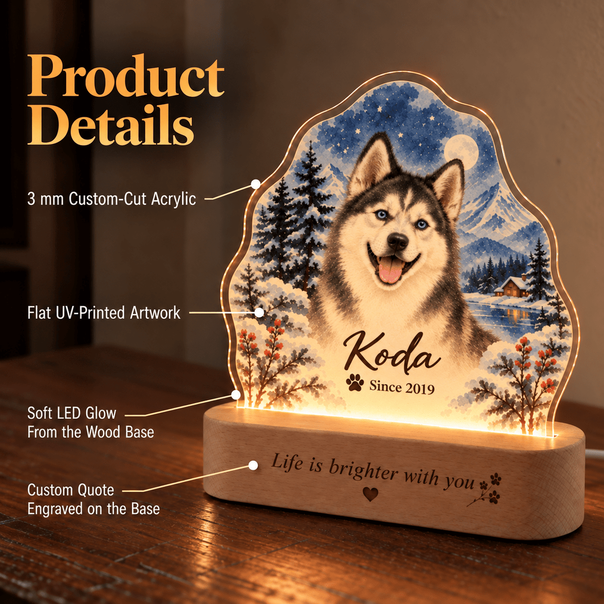 Personalized Winter Night Dog Night Light with Photo & Name - Everfondly