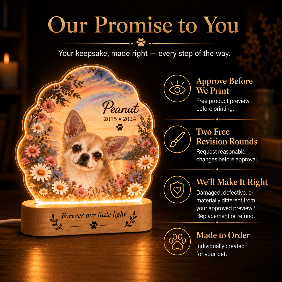 Personalized Rainbow Bridge Dog Memorial Light with Flower Meadow - Everfondly