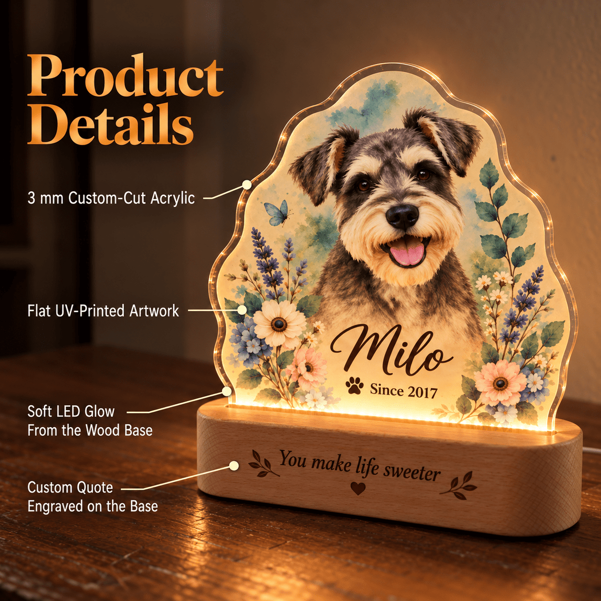 Personalized Lavender Dog Night Light with Photo & Name – Dog Lover Gift - Everfondly