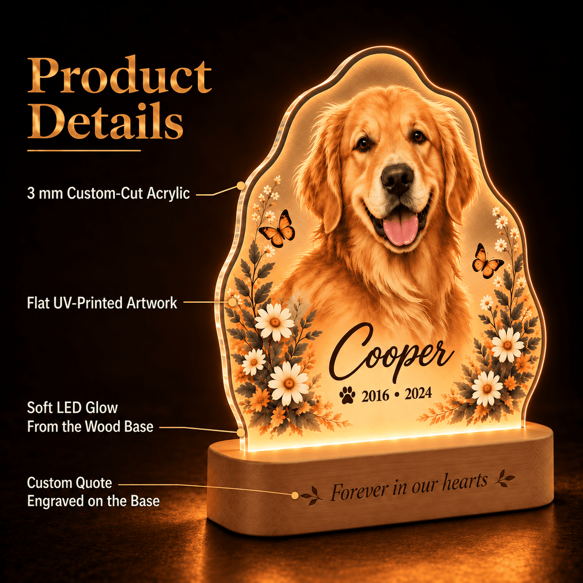 Custom Dog Memorial Night Light with Flowers Butterflies - Everfondly