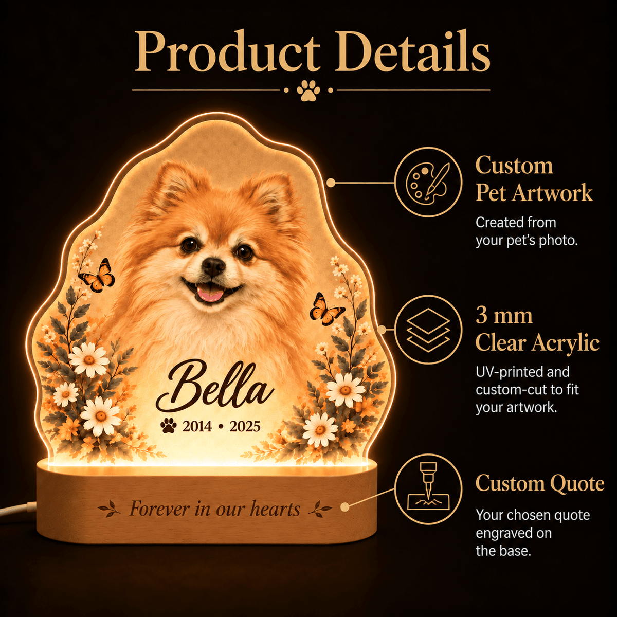 Personalized Dog Remembrance Lamp with Butterfly and Daisy Garden - Everfondly