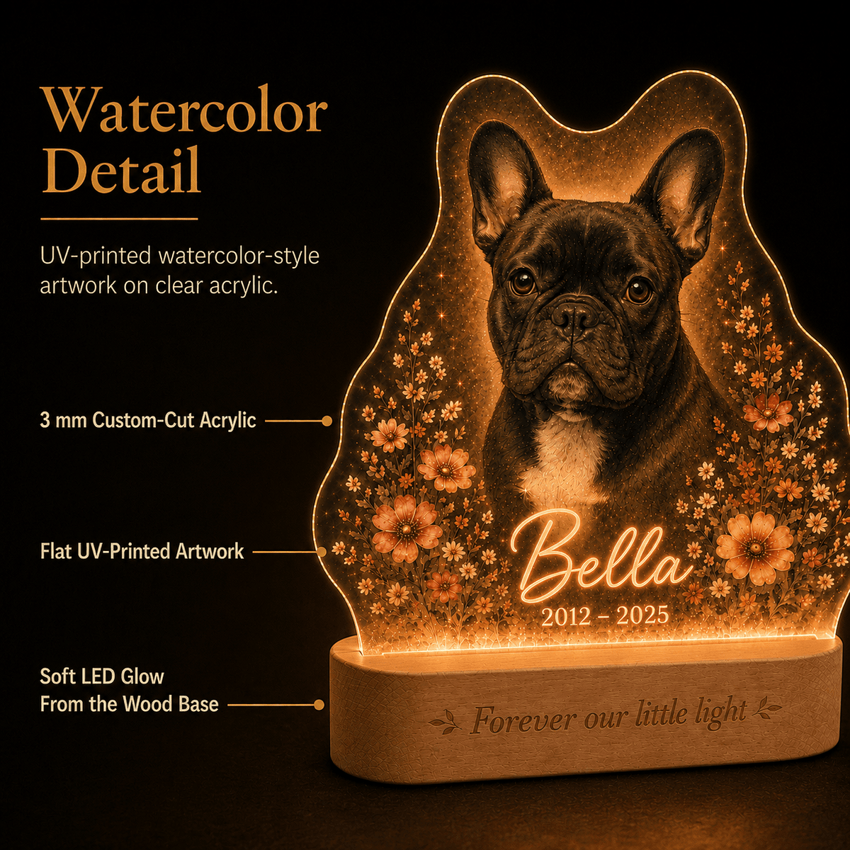 Custom Dog Memorial Night Light Watercolor Floral Pet Portrait - Everfondly