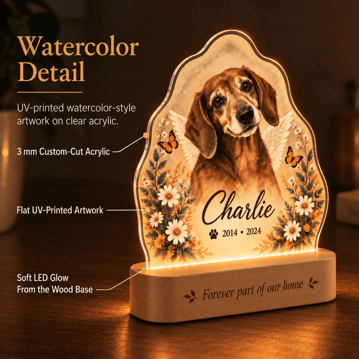 Custom Dog Memorial Night Light with Angel Wings Butterflies - Everfondly
