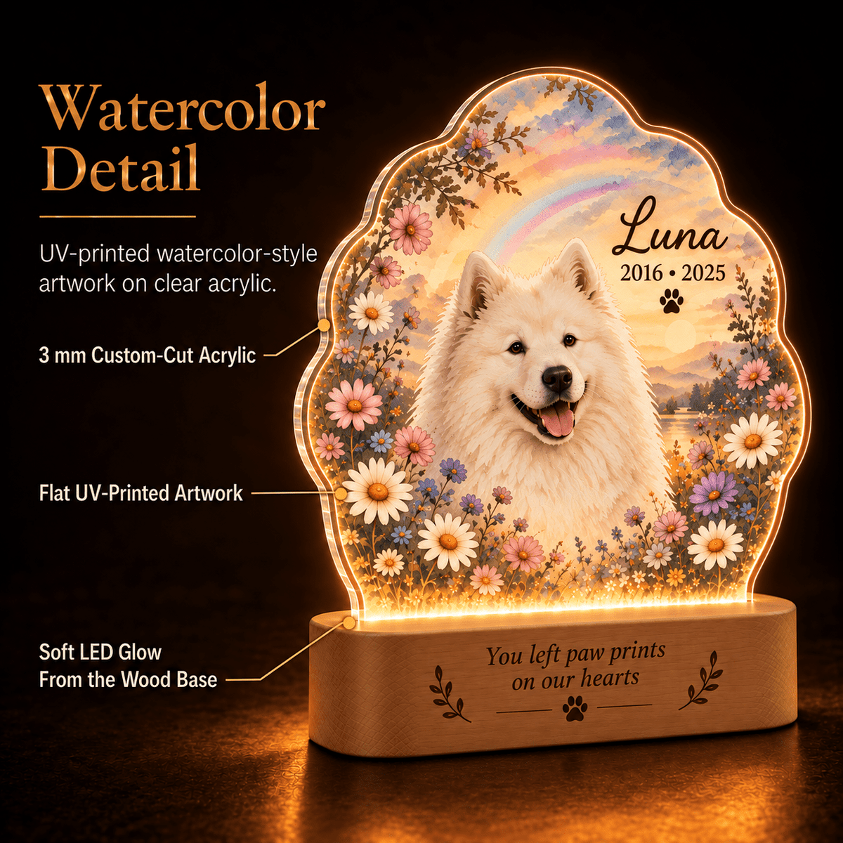 Custom Dog Memorial Night Light with Rainbow and Wildflowers - Everfondly