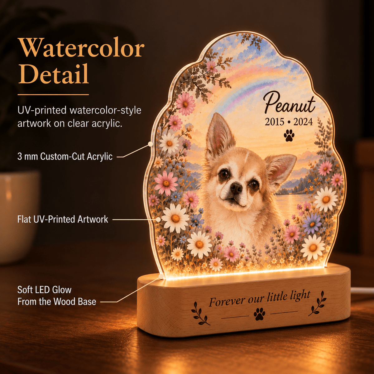 Personalized Rainbow Bridge Dog Memorial Light with Flower Meadow - Everfondly